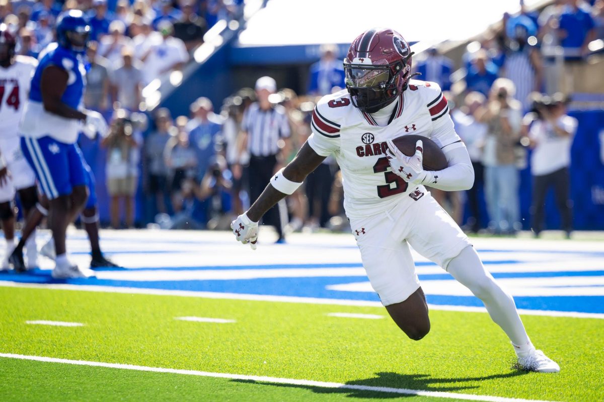 South Carolina wide receiver Mazeo Bennett Jr. (3) runs with the ball during the Kentucky vs. South Carolina football game on Saturday, Sept. 7, 2024, at Kroger Field in Lexington, Kentucky. Kentucky lost 31-6. Photo by Samuel Colmar | Staff