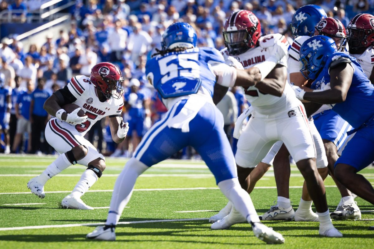 South Carolina running back Raheim Sanders (5) runs with the ball during the Kentucky vs. South Carolina football game on Saturday, Sept. 7, 2024, at Kroger Field in Lexington, Kentucky. Kentucky lost 31-6. Photo by Samuel Colmar | Staff