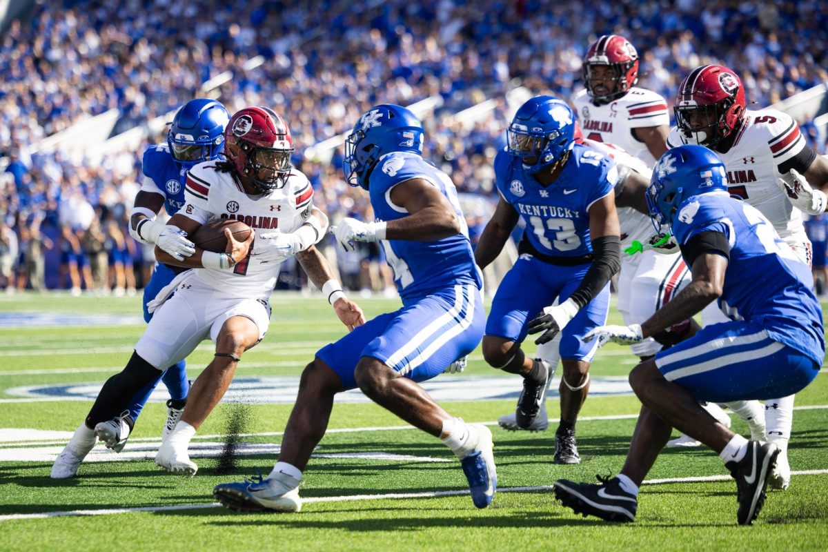 South Carolina quarterback Robby Ashford (1) runs the ball during the Kentucky vs. South Carolina football game on Saturday, Sept. 7, 2024, at Kroger Field in Lexington, Kentucky. Photo by Samuel Colmar | Staff