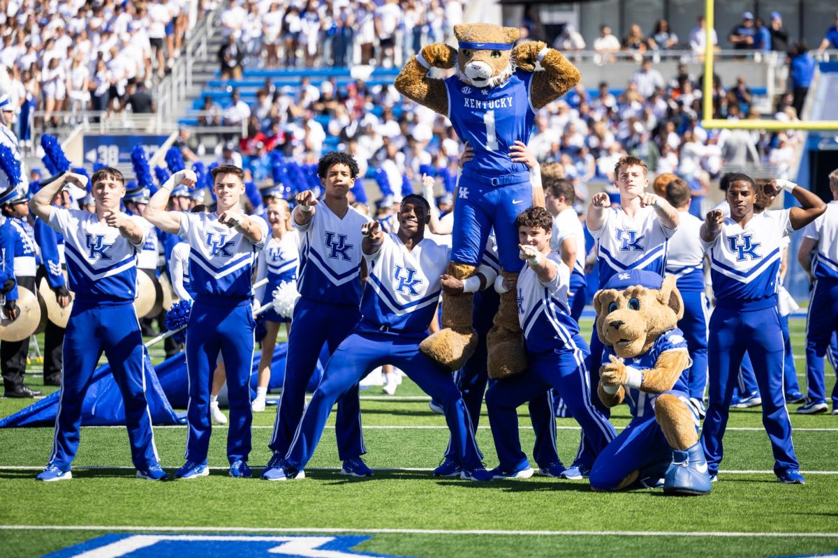 Members of the Kentucky cheer team pose for a photo before the Kentucky vs. South Carolina football game on Saturday, Sept. 7, 2024, at Kroger Field in Lexington, Kentucky. Kentucky lost 31-6. Photo by Samuel Colmar | Staff