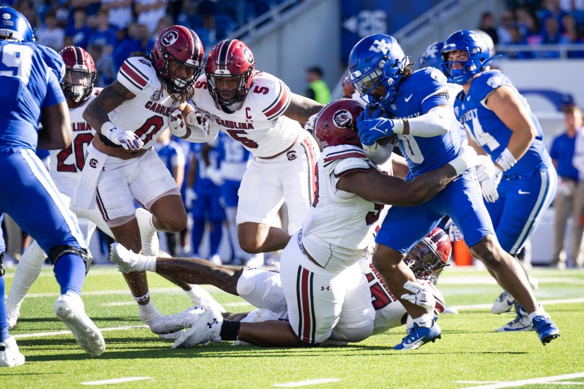 Kentucky running back Demie Sumo-Karngbaye (0) runs with the ball during the Kentucky vs. South Carolina football game on Saturday, Sept. 7, 2024, at Kroger Field in Lexington, Kentucky. Kentucky lost 31-6. Photo by Samuel Colmar | Staff