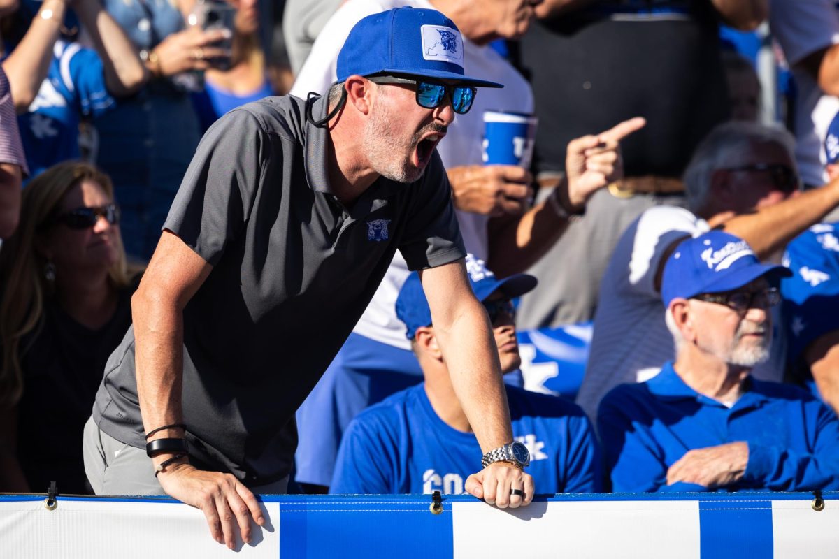 A Kentucky fan shouts during the Kentucky vs. South Carolina football game on Saturday, Sept. 7, 2024, at Kroger Field in Lexington, Kentucky. Kentucky lost 31-6. Photo by Samuel Colmar | Staff