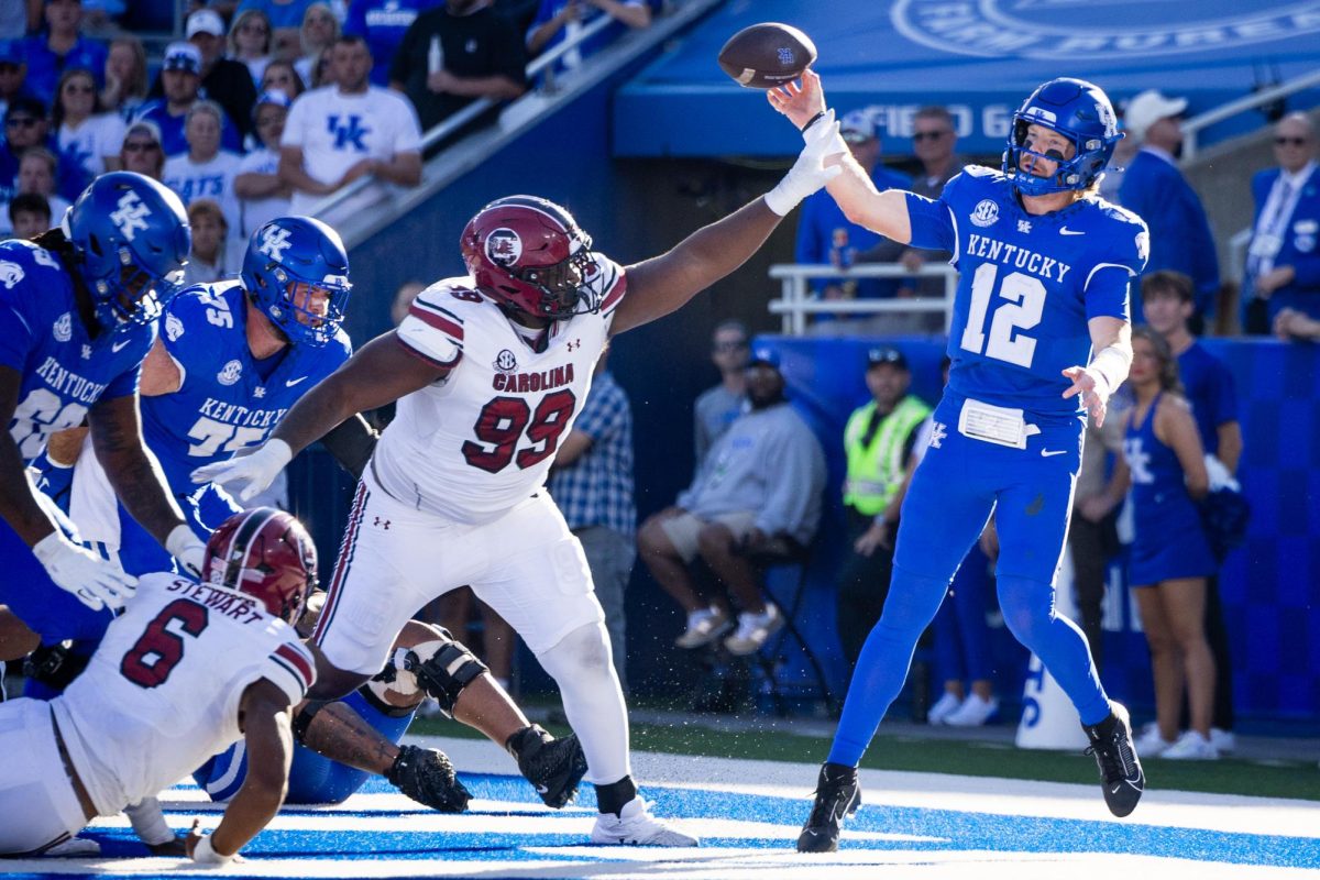 Kentucky quarterback Brock Vandagriff (12) throws the ball under pressure during the Kentucky vs. South Carolina football game on Saturday, Sept. 7, 2024, at Kroger Field in Lexington, Kentucky. Kentucky lost 31-6. Photo by Samuel Colmar | Staff