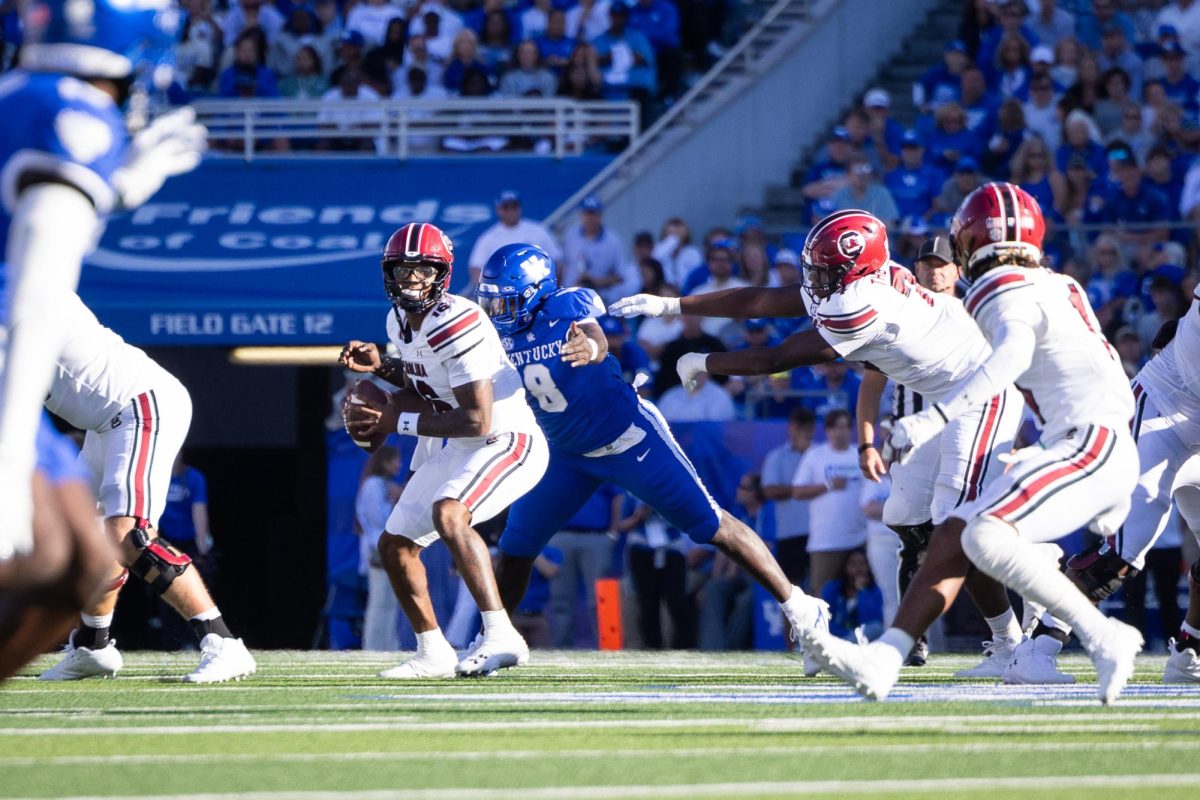 Kentucky defensive lineman Octavious Oxendine (8) goes for a sack during the Kentucky vs. South Carolina football game on Saturday, Sept. 7, 2024, at Kroger Field in Lexington, Kentucky. Kentucky lost 31-6. Photo by Samuel Colmar | Staff