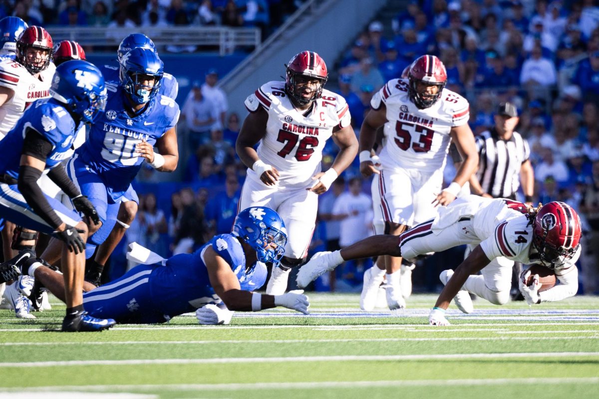 Kentucky inside linebacker Jason Dumas-Johnson makes a tackle during the Kentucky vs. South Carolina football game on Saturday, Sept. 7, 2024, at Kroger Field in Lexington, Kentucky. Kentucky lost 31-6. Photo by Samuel Colmar | Staff