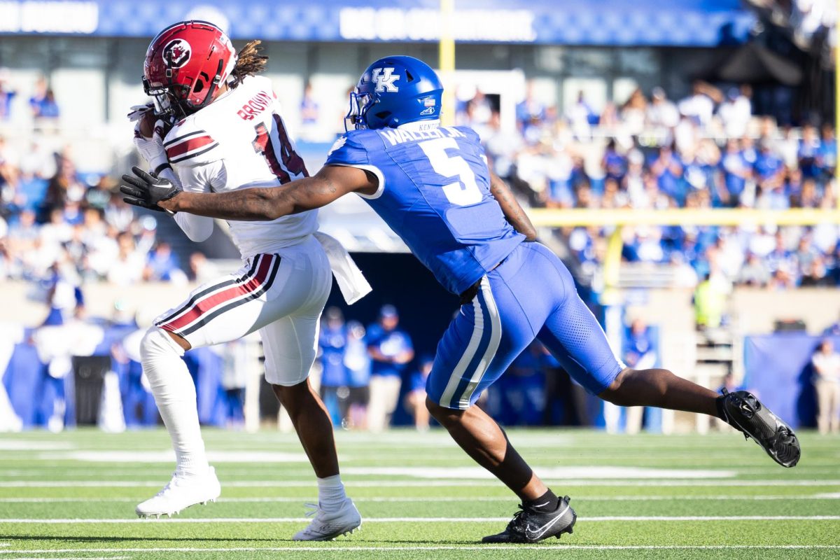 Kentucky defensive back DJ Waller Jr. (5) goes for a tackle during the Kentucky vs. South Carolina football game on Saturday, Sept. 7, 2024, at Kroger Field in Lexington, Kentucky. Kentucky lost 31-6. Photo by Samuel Colmar | Staff