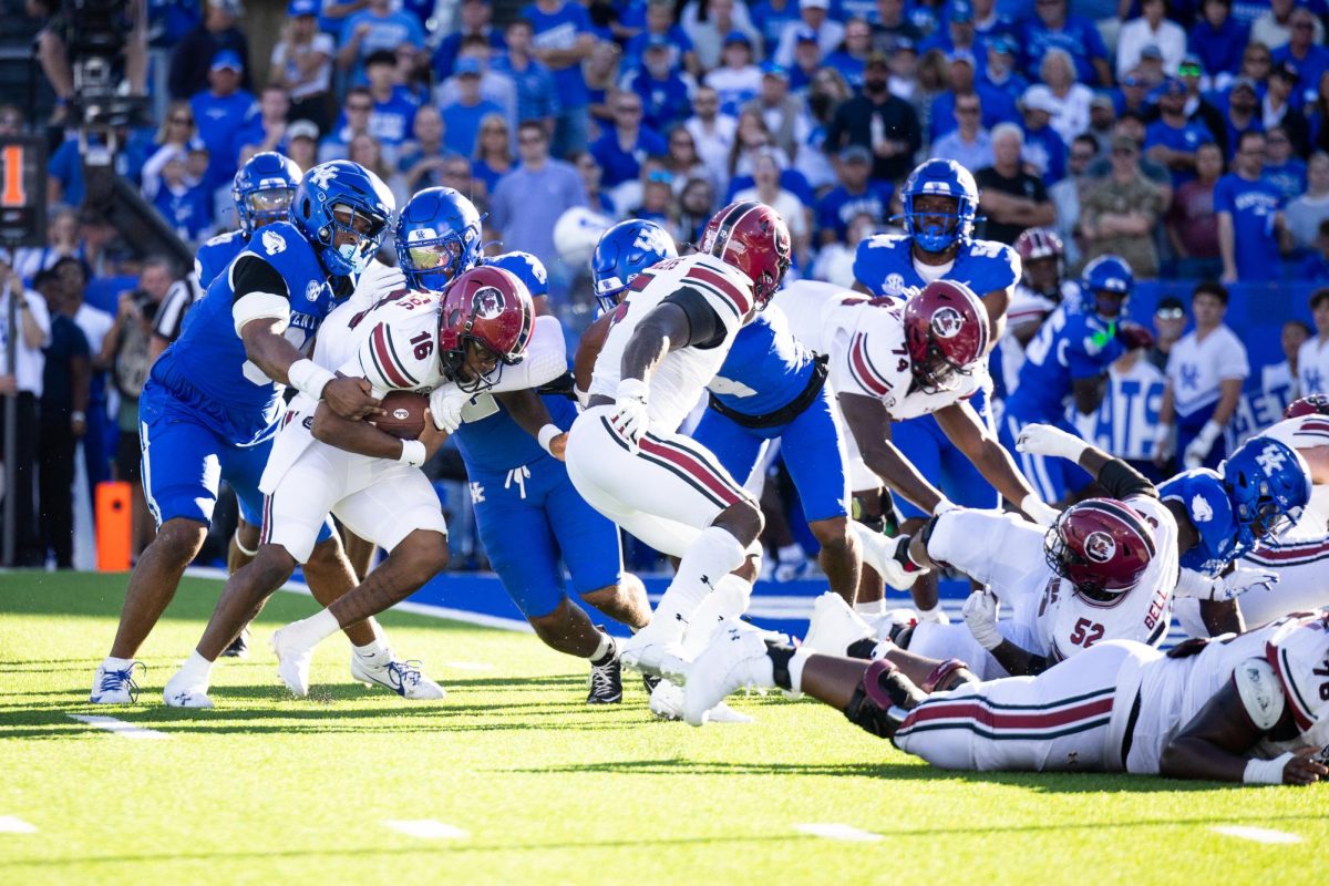 South Carolina quarterback LaNorris Sellers (16) attempts to sneak the ball during the Kentucky vs. South Carolina football game on Saturday, Sept. 7, 2024, at Kroger Field in Lexington, Kentucky. Kentucky lost 31-6. Photo by Samuel Colmar | Staff