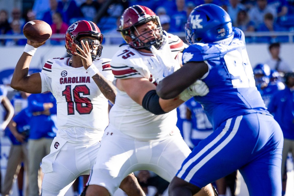 South Carolina quarterback LaNorris Sellers (16) prepares to throw the ball during the Kentucky vs. South Carolina football game on Saturday, Sept. 7, 2024, at Kroger Field in Lexington, Kentucky. Kentucky lost 31-6. Photo by Samuel Colmar | Staff