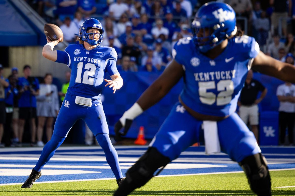 Kentucky quarterback Brock Vandagriff (12) prepares to throw the ball during the Kentucky vs. South Carolina football game on Saturday, Sept. 7, 2024, at Kroger Field in Lexington, Kentucky. Kentucky lost 31-6. Photo by Samuel Colmar | Staff