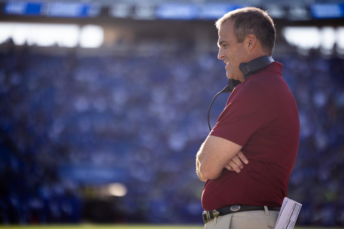 South Carolina head coach Shane Beamer crosses his arms during the Kentucky vs. South Carolina football game on Saturday, Sept. 7, 2024, at Kroger Field in Lexington, Kentucky. Kentucky lost 31-6. Photo by Samuel Colmar | Staff