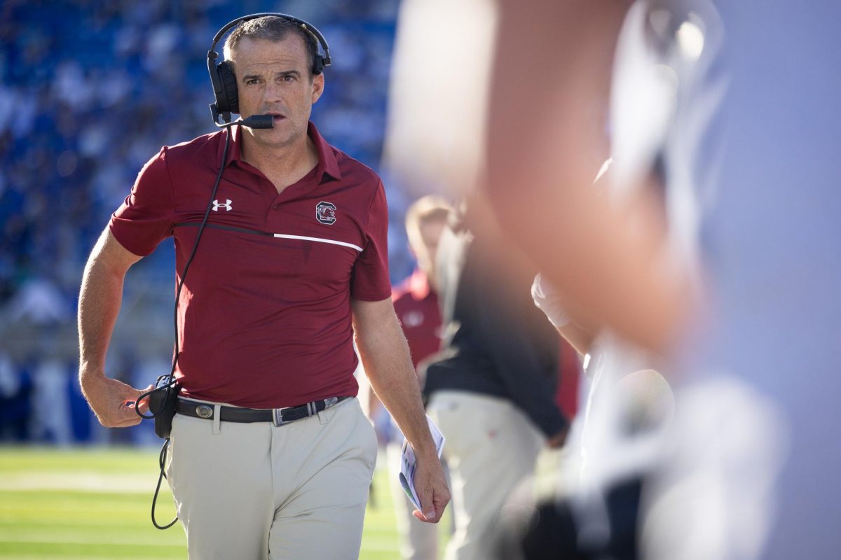 South Carolina head coach Shane Beamer walks down the sideline during the Kentucky vs. South Carolina football game on Saturday, Sept. 7, 2024, at Kroger Field in Lexington, Kentucky. Kentucky lost 31-6. Photo by Samuel Colmar | Staff