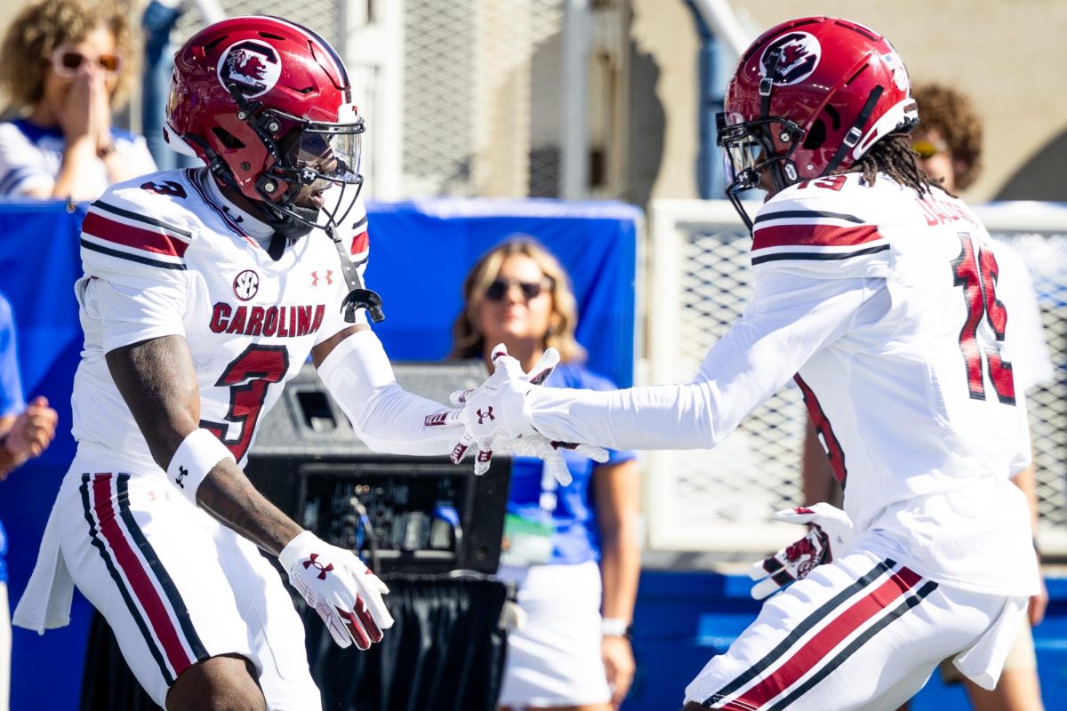 South Carolina players celebrate after scoring a touchdown during the Kentucky vs. South Carolina football game on Saturday, Sept. 7, 2024, at Kroger Field in Lexington, Kentucky. Kentucky lost 31-6. Photo by Samuel Colmar | Staff