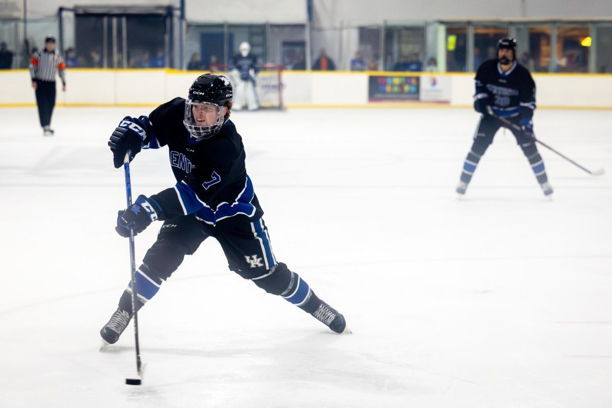 Kentucky forward Ty Patefield (7) shoots the puck during the Kentucky vs. Penn State hockey match on Saturday, Sept. 14, 2024, at the Lexington Ice and Recreation Center in Lexington, Kentucky. Kentucky won 4-1. Photo by Samuel Colmar | Staff