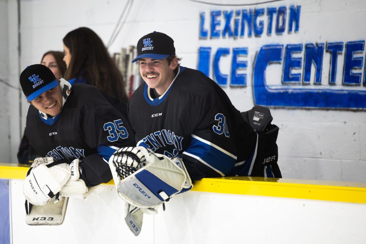 Kentucky goalie Trey Mattern (35), left, and goalie Riley Allen (30) watch the match during the Kentucky vs. Penn State hockey match on Saturday, Sept. 14, 2024, at the Lexington Ice and Recreation Center in Lexington, Kentucky. Kentucky won 4-1. Photo by Samuel Colmar | Staff