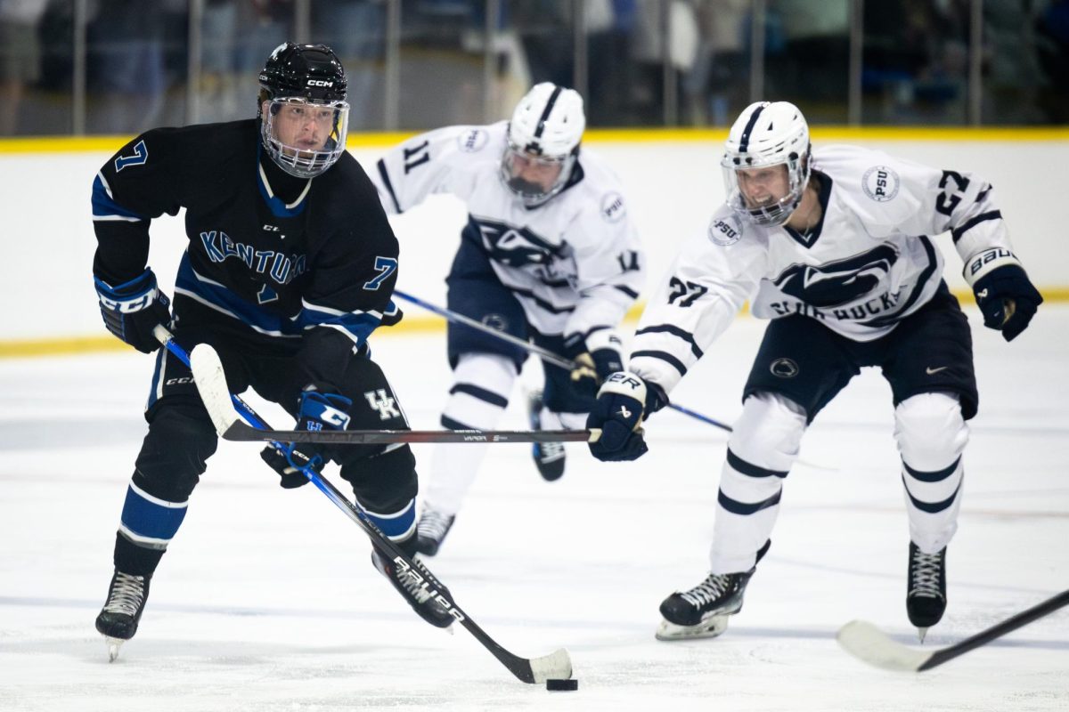 Kentucky forward Ty Patefield (7) looks to pass the puck during the Kentucky vs. Penn State hockey match on Saturday, Sept. 14, 2024, at the Lexington Ice and Recreation Center in Lexington, Kentucky. Kentucky won 4-1. Photo by Samuel Colmar | Staff