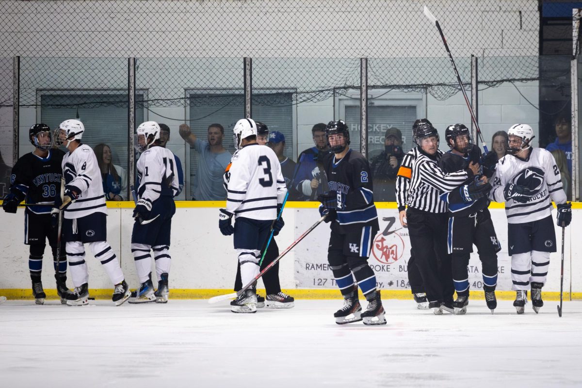 Players are separated after a fight during the Kentucky vs. Penn State hockey match on Saturday, Sept. 14, 2024, at the Lexington Ice and Recreation Center in Lexington, Kentucky. Kentucky won 4-1. Photo by Samuel Colmar | Staff