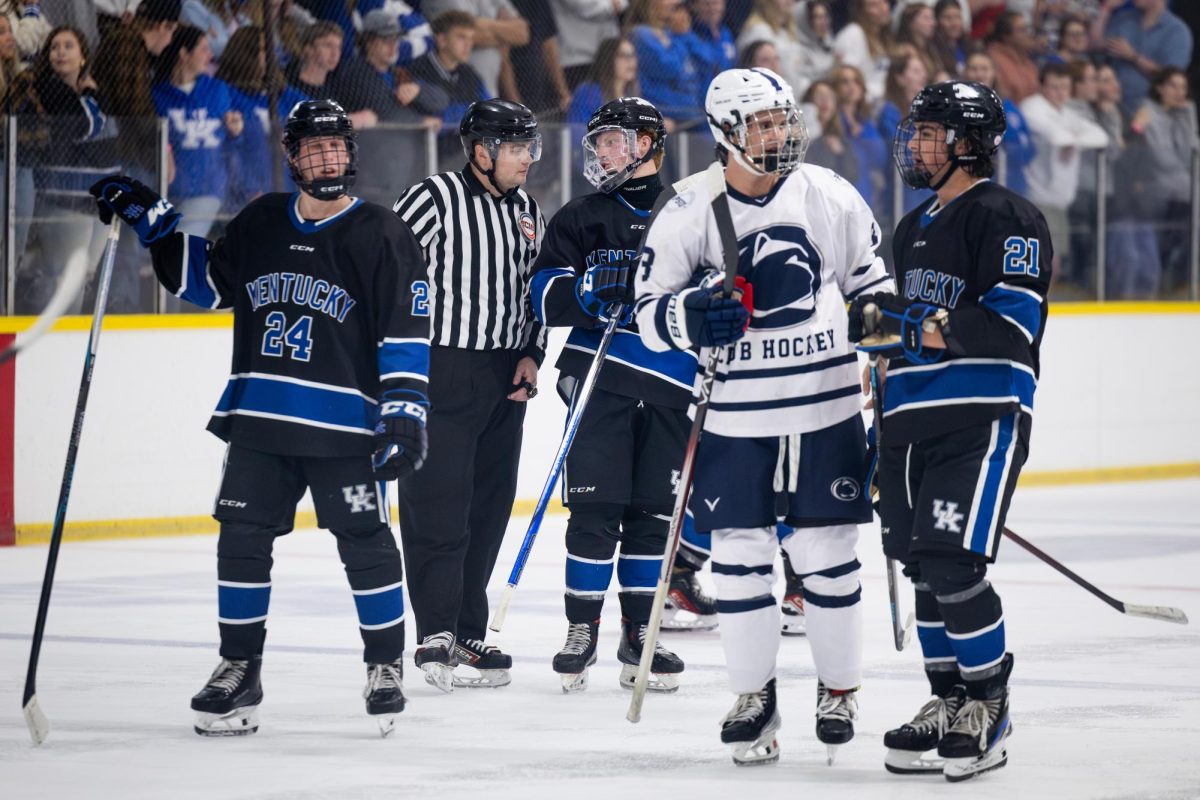 A Kentucky player speaks with an official during a break in play during the Kentucky vs. Penn State hockey match on Saturday, Sept. 14, 2024, at the Lexington Ice and Recreation Center in Lexington, Kentucky. Kentucky won 4-1. Photo by Samuel Colmar | Staff