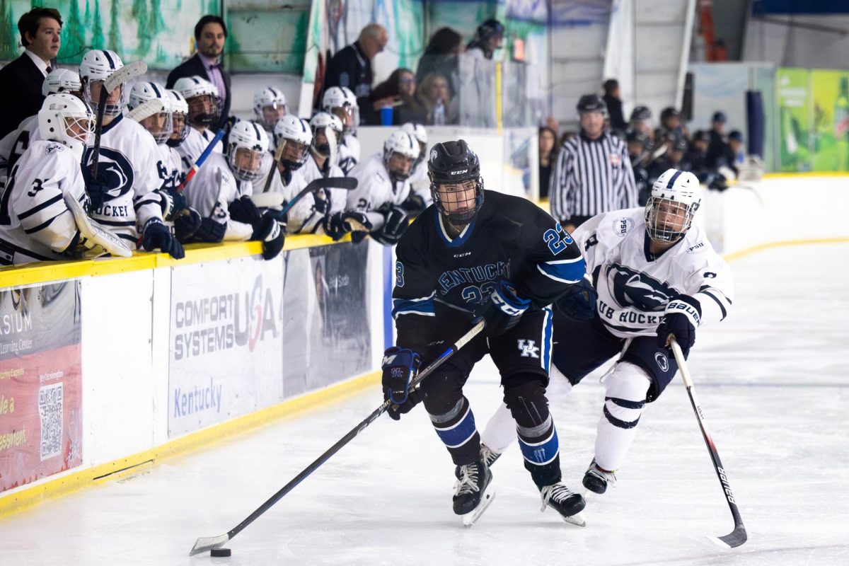 Kentucky winger Gabe Rodriguez (23) looks to pass the puck during the Kentucky vs. Penn State hockey match on Saturday, Sept. 14, 2024, at the Lexington Ice and Recreation Center in Lexington, Kentucky. Kentucky won 4-1. Photo by Samuel Colmar | Staff