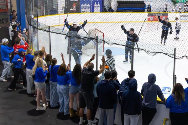 Kentucky players celebrate after scoring a goal during the Kentucky vs. Penn State hockey match on Saturday, Sept. 14, 2024, at the Lexington Ice and Recreation Center in Lexington, Kentucky. Kentucky won 4-1. Photo by Samuel Colmar | Staff