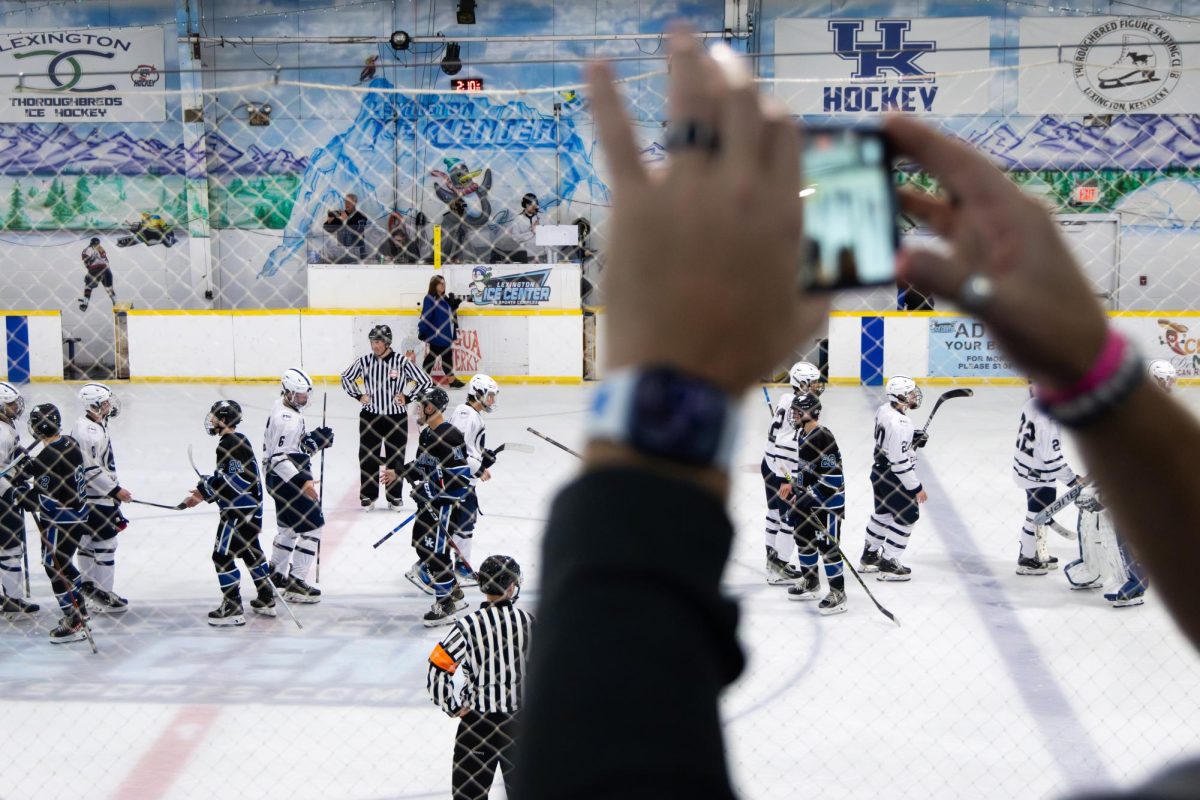 Players shake hands after the Kentucky vs. Penn State hockey match on Saturday, Sept. 14, 2024, at the Lexington Ice and Recreation Center in Lexington, Kentucky. Kentucky won 4-1. Photo by Samuel Colmar | Staff