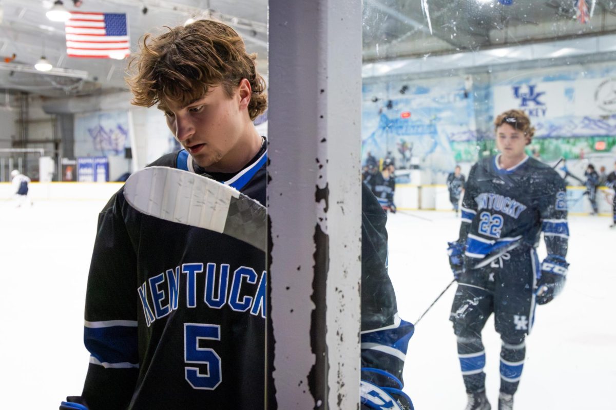 Kentucky defensemen Nick Hahn (5) leaves the rink after warmups during the Kentucky vs. Penn State hockey match on Saturday, Sept. 14, 2024, at the Lexington Ice and Recreation Center in Lexington, Kentucky. Kentucky won 4-1. Photo by Samuel Colmar | Staff