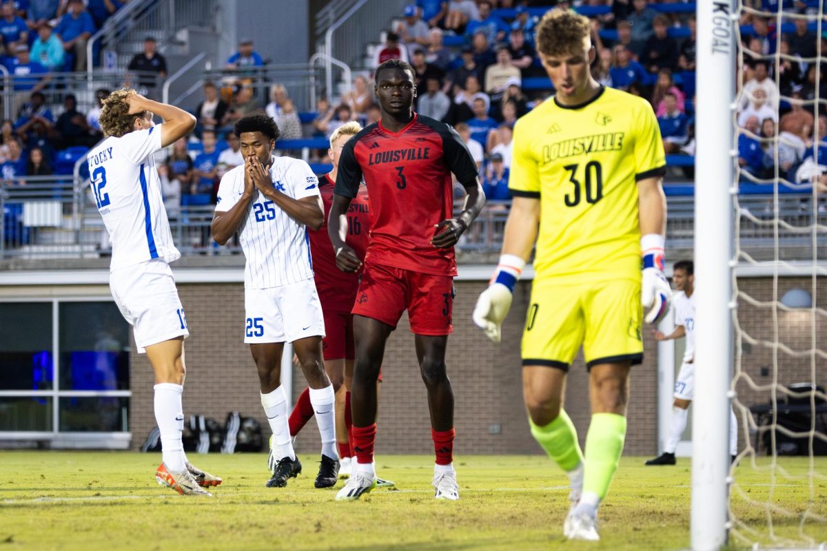 Kentucky player react to a missed shot during the No. 16 Kentucky vs. 15. Louisville men’s soccer match on Monday, Sept. 9, 2024, at the Wendell and Vickie Bell Soccer Complex in Lexington, Kentucky. Kentucky lost 1-0. Photo by Samuel Colmar | Staff