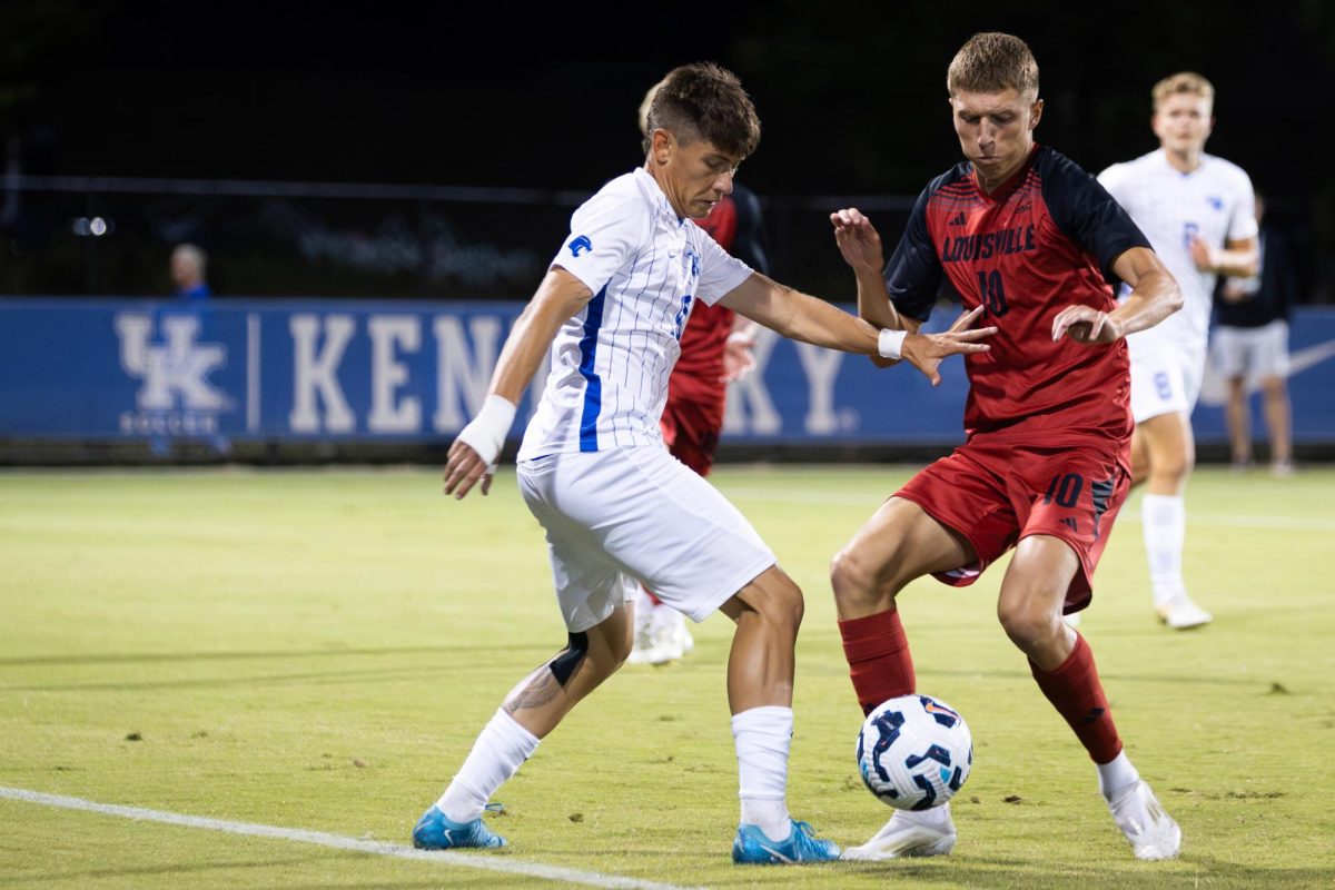 Kentucky midfielder Agustin Lopez (10) fights for the ball during the No. 16 Kentucky vs. 15. Louisville men’s soccer match on Monday, Sept. 9, 2024, at the Wendell and Vickie Bell Soccer Complex in Lexington, Kentucky. Kentucky lost 1-0. Photo by Samuel Colmar | Staff