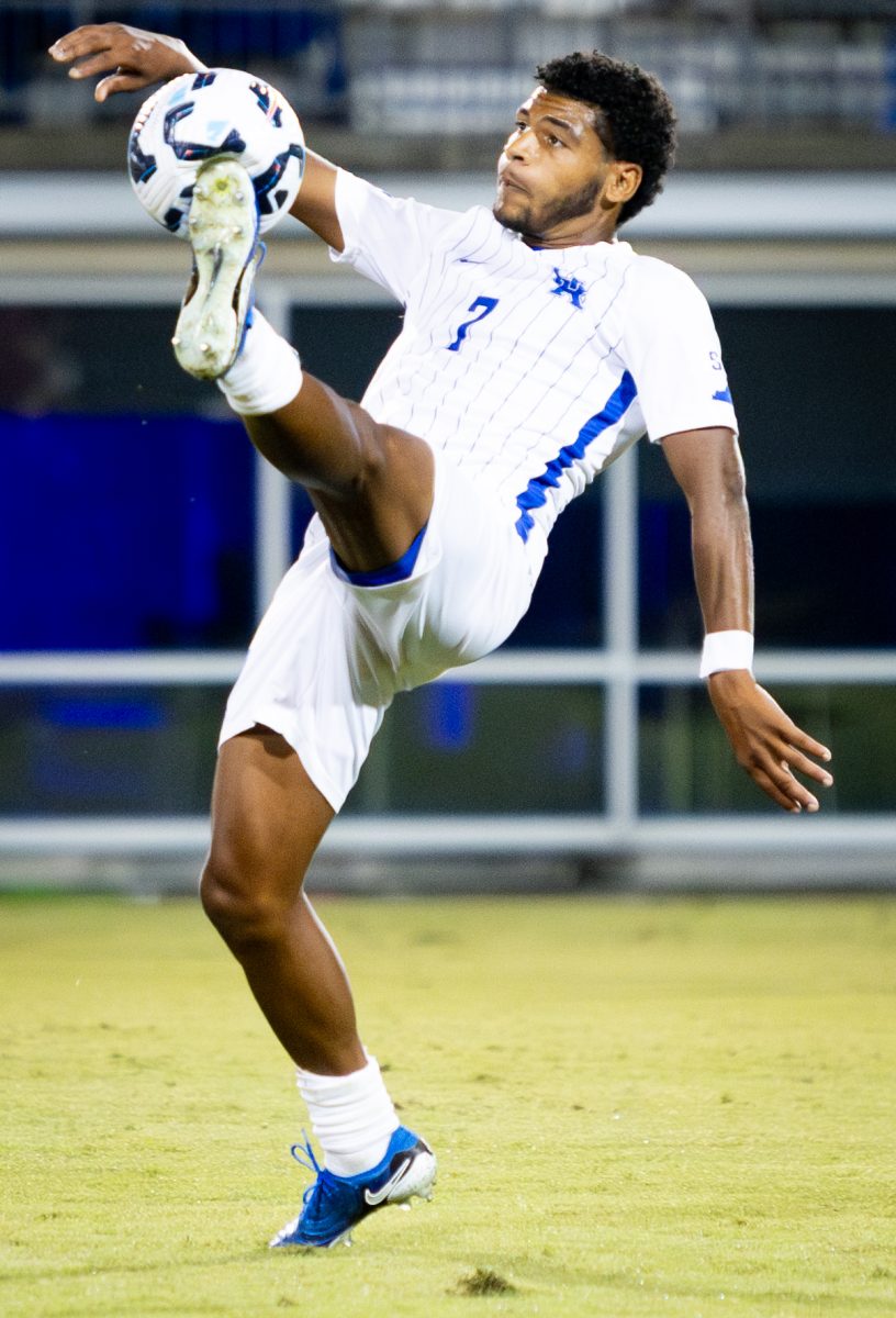 Kentucky midfielder/forward Eric Onos (7) kicks the ball during the No. 16 Kentucky vs. 15. Louisville men’s soccer match on Monday, Sept. 9, 2024, at the Wendell and Vickie Bell Soccer Complex in Lexington, Kentucky. Kentucky lost 1-0. Photo by Samuel Colmar | Staff