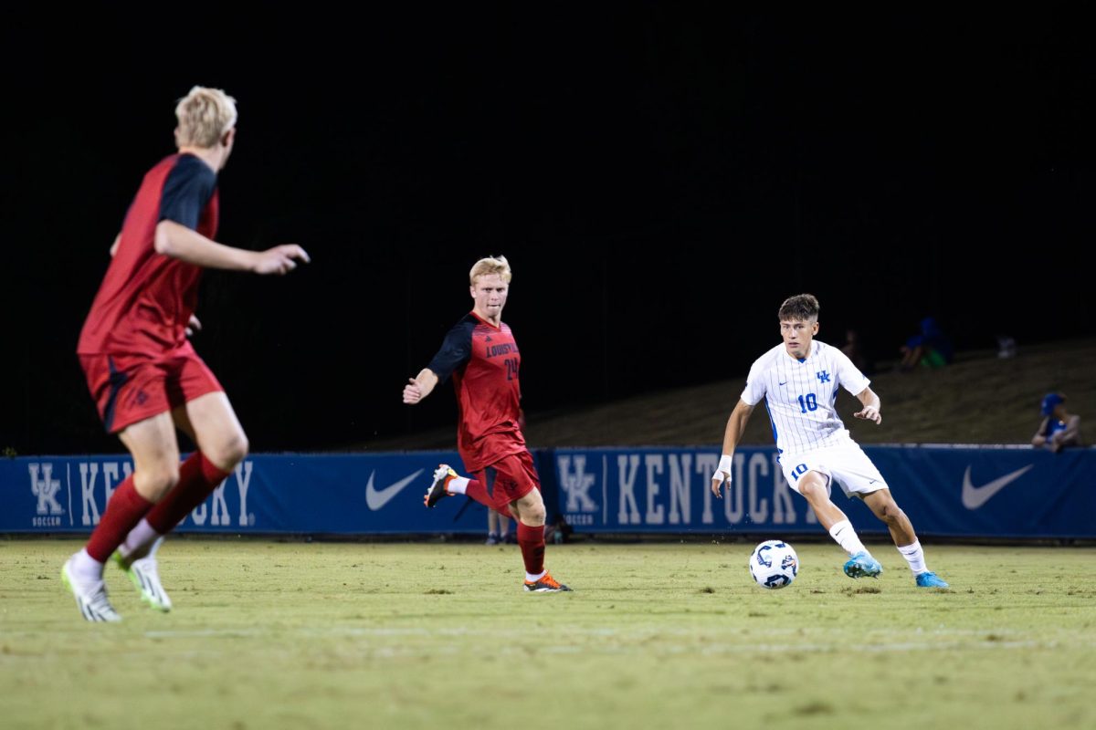 Kentucky midfielder Agustin Lopez (10) dribbles the ball during the No. 16 Kentucky vs. 15. Louisville men’s soccer match on Monday, Sept. 9, 2024, at the Wendell and Vickie Bell Soccer Complex in Lexington, Kentucky. Kentucky lost 1-0. Photo by Samuel Colmar | Staff