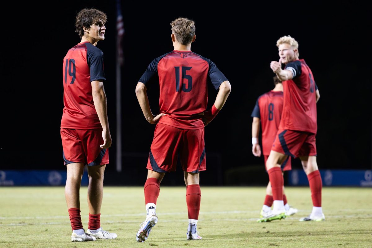 Louisville players react to fans during the No. 16 Kentucky vs. 15. Louisville men’s soccer match on Monday, Sept. 9, 2024, at the Wendell and Vickie Bell Soccer Complex in Lexington, Kentucky. Kentucky lost 1-0. Photo by Samuel Colmar | Staff