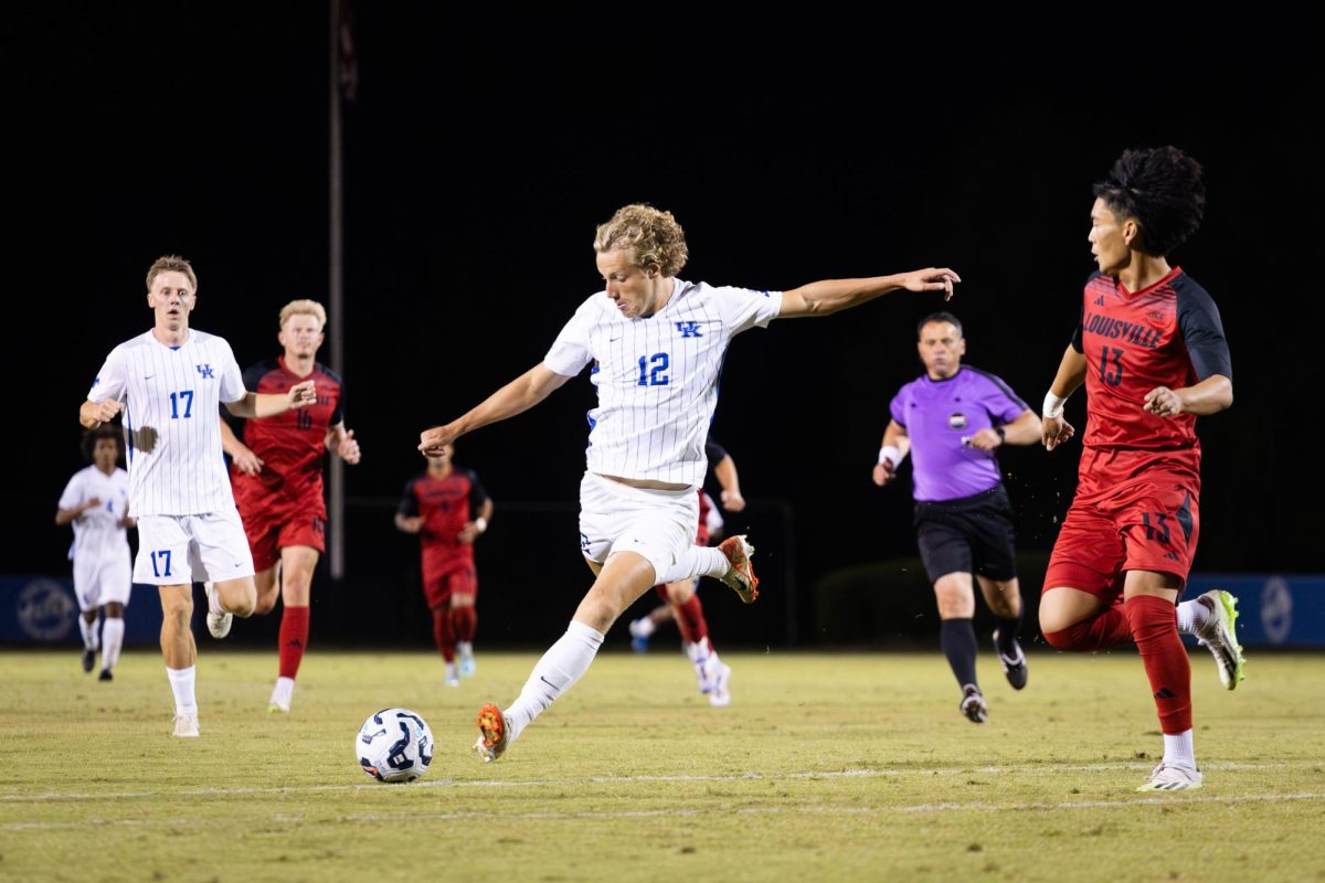 Kentucky forward Logan Dorsey (12) prepares to kick the ball during the No. 16 Kentucky vs. 15. Louisville men’s soccer match on Monday, Sept. 9, 2024, at the Wendell and Vickie Bell Soccer Complex in Lexington, Kentucky. Kentucky lost 1-0. Photo by Samuel Colmar | Staff