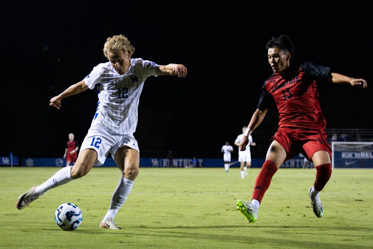 Kentucky forward Logan Dorsey (12) dribbles the ball during the No. 16 Kentucky vs. 15. Louisville men’s soccer match on Monday, Sept. 9, 2024, at the Wendell and Vickie Bell Soccer Complex in Lexington, Kentucky. Kentucky lost 1-0. Photo by Samuel Colmar | Staff