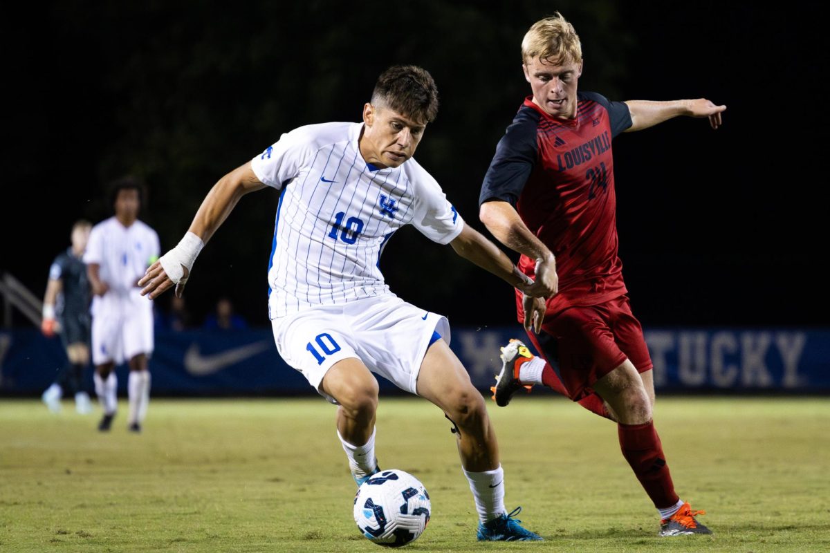 Kentucky midfielder Agustin Lopez (10) dribbles the ball during the No. 16 Kentucky vs. 15. Louisville men’s soccer match on Monday, Sept. 9, 2024, at the Wendell and Vickie Bell Soccer Complex in Lexington, Kentucky. Kentucky lost 1-0. Photo by Samuel Colmar | Staff