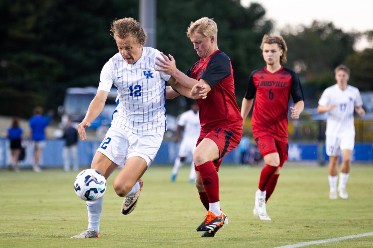 Kentucky forward Logan Dorsey (12) dribbles the ball during the No. 16 Kentucky vs. 15. Louisville men’s soccer match on Monday, Sept. 9, 2024, at the Wendell and Vickie Bell Soccer Complex in Lexington, Kentucky. Kentucky lost 1-0. Photo by Samuel Colmar | Staff