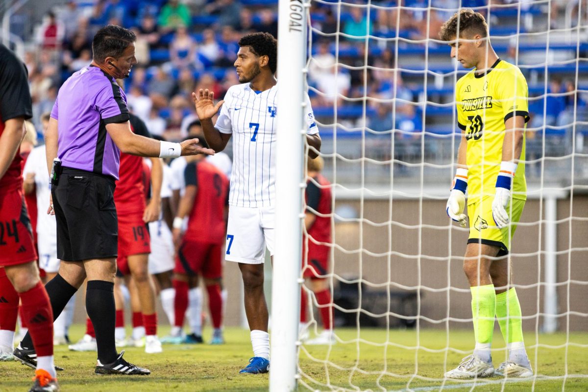 Kentucky midfielder/forward Eric Onos (7) speaks with an official during the No. 16 Kentucky vs. 15. Louisville men’s soccer match on Monday, Sept. 9, 2024, at the Wendell and Vickie Bell Soccer Complex in Lexington, Kentucky. Kentucky lost 1-0. Photo by Samuel Colmar | Staff