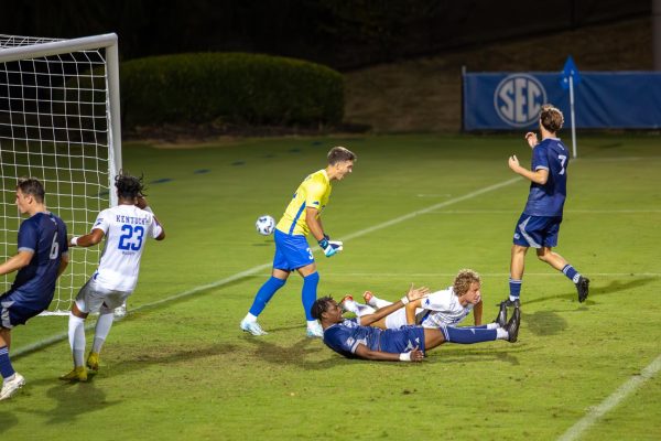 Kentucky goalie (30) Ryan Jack celebrates after a block during the Kentucky vs. Georgia Southern Men's Soccer game on Friday, Sept. 20, 2024, at Wendell and Vickie Bell soccer complex in Lexington, Kentucky. Kentucky Tied 0-0. Photo by Sydney Novack | Staff
