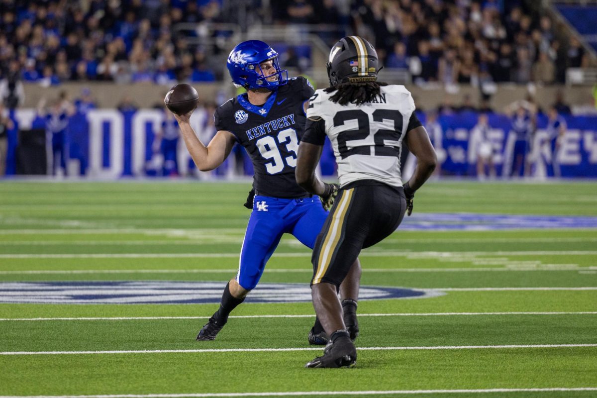 Kentucky punter Wilson Berry (93)t hrows the ball during the Kentucky vs Vanderbilt football game on Saturday, Oct. 12, 2024, at Kroger Field in Lexington, Kentucky. Kentucky lost 20-13. Photo by Sydney Yonker | Staff