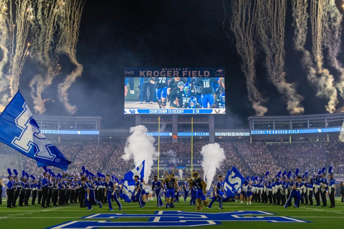 Kentucky runs onto the field during the Kentucky vs Vanderbilt football game on Saturday, Oct. 12, 2024, at Kroger Field in Lexington, Kentucky. Kentucky lost 20-13. Photo by Sydney Yonker | Staff