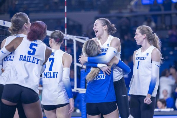 Kentucky volleyball celebrates after scoring a point during the match between Kentucky and Oklahoma on Wednesday, Oct. 2, 2024, at Historic Memorial Coliseum in Lexington, Kentucky. Kentucky won 3-2. Photo by Matthew Mueller | Staff 