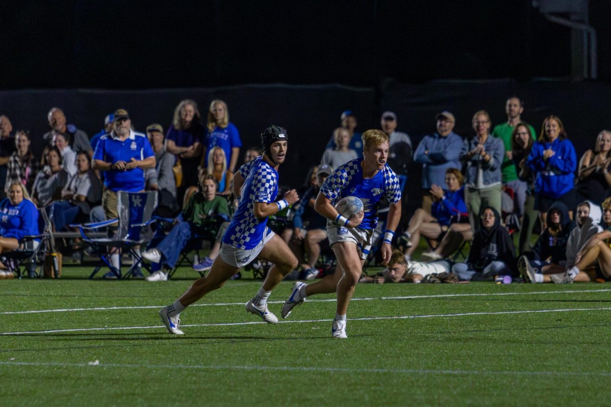 Kentucky players after catching the ball during the Kentucky vs Tennessee Men's Rugby Club game on Friday, Oct. 4, 2024, at the William H. Pieratt Fields in Lexington, Kentucky. Kentucky Won 42-25. Photo by Sydney Novack | Staff
