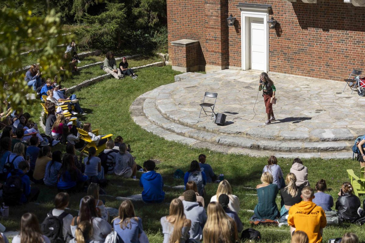 Evangelist Christian preacher Cindy “Sister Cindy” Smock Speaks to students at Memorial Hall outdoor amphitheater at the University of Kentucky in Lexington, Kentucky, on Monday, Oct. 7, 2024. Photo by Matthew Mueller | Staff