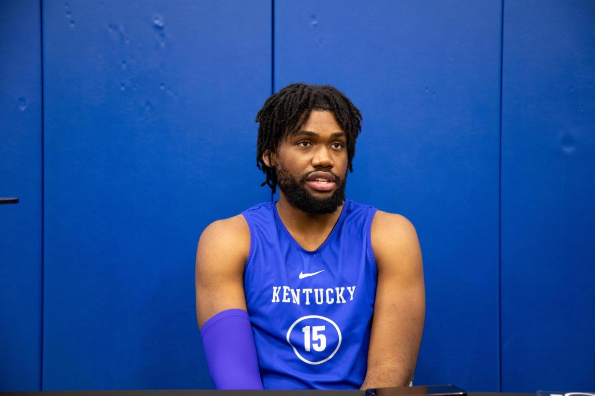 Ansley Almonor answers interview questions during Kentucky Men’s Basketball Media Day on Tuesday, Oct. 8, 2024, at Joe Craft Center in Lexington, Kentucky. Photo by Christian Kantosky | Staff