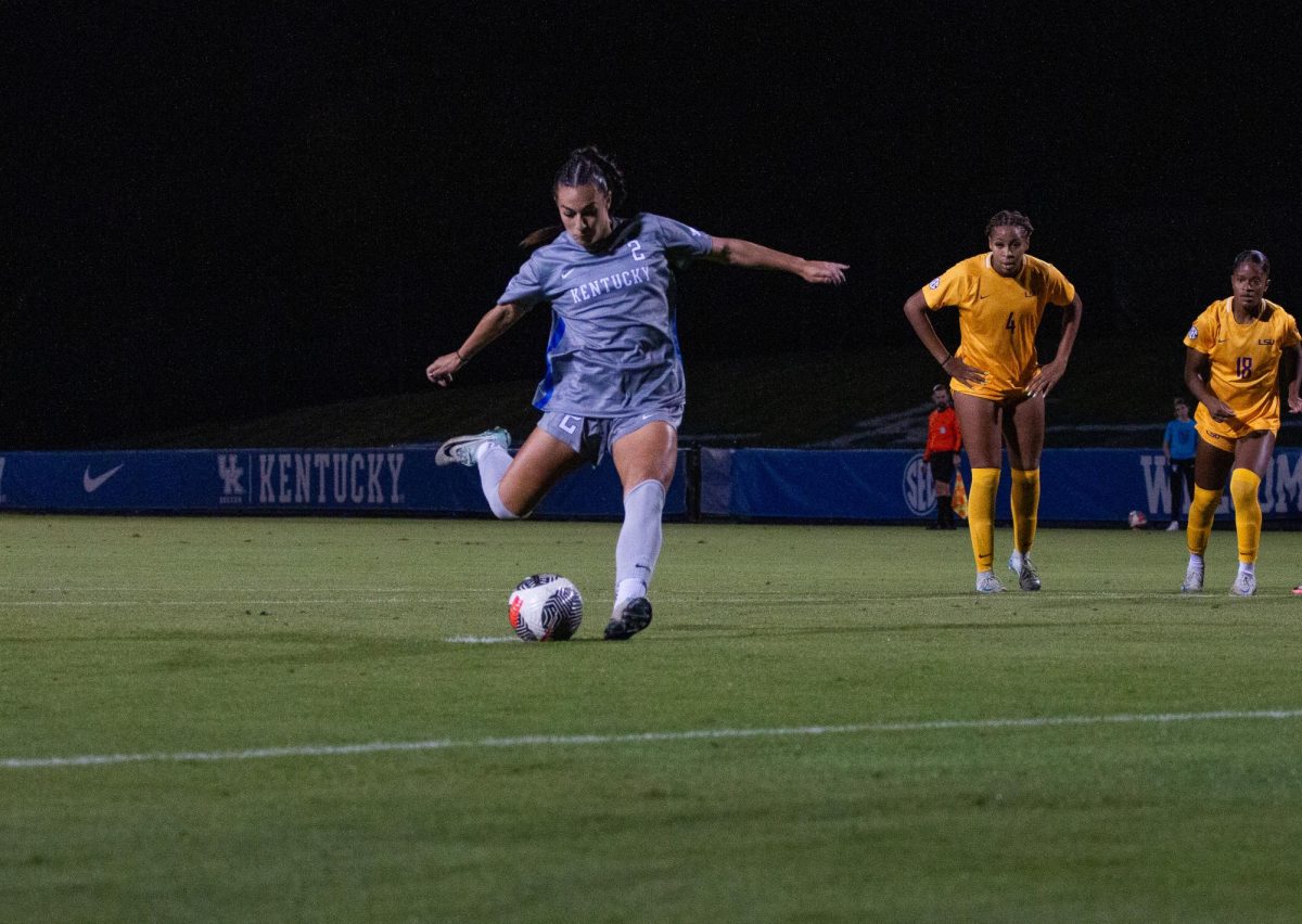 Kentucky forward Maddie Kemp attempts penalty during the Kentucky vs. LSU women’s soccer game on Thursday, Oct. 10, 2024, at Wendell & Vickie Bell Soccer Complex in Lexington, Kentucky. Kentucky won 2-1. Photo by Greyson Niehaus | Staff