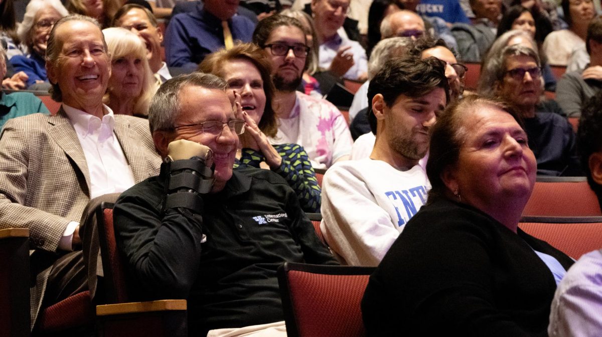 Audience members laugh during Dr. Brinkley’s speech during the Wendell H. Ford Lecture at the Singletary Center for the Arts in Lexington, Kentucky, on Tuesday, Oct. 8, 2024. Photo by Annie Alvarez| Staff