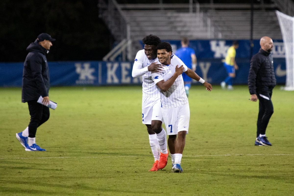 Josh Gordon and Eric Ono celebrate the Kentucky Men’s Soccer teams win against Old Dominion on Friday, Oct. 11, 2024, at the Wendell and Vickie Bell Soccer Complex in Lexington, Kentucky. Kentucky won 1-0. Photo by Christian Kantosky | Staff