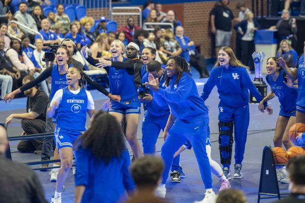 Kentucky Women’s basketball celebrates after guard Dazia Lawrence hits a three-point from half court during Big Blue Madness on Friday, Oct. 11, 2024, at Rupp Arena in Lexington, Kentucky. Photo by Matthew Mueller | Staff