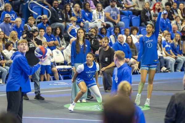 Kentucky guard Dazia Lawrence watches her shot after attempting a three-point shot during the three-point contest during Big Blue Madness on Friday, Oct. 11, 2024, at Rupp Arena in Lexington, Kentucky. Photo by Matthew Mueller | Staff