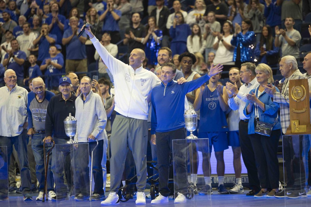 Former Kentucky head coach Rick Pitino and current Kentucky head coach Mark Pope wave to the crowd during Big Blue Madness on Friday, Oct. 11, 2024, at Rupp Arena in Lexington, Kentucky.  Photo by Matthew Mueller | Staff