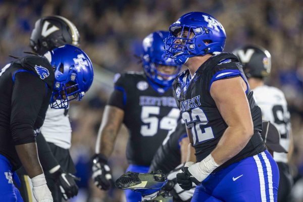 Kentucky Wildcats offensive lineman Jalen Farmer (52) celebrates after a touchdown during the football game vs. Vanderbilt on Saturday, Oct. 12, 2024, at Kroger Field in Lexington, Kentucky. Photo by Matthew Mueller | Staff