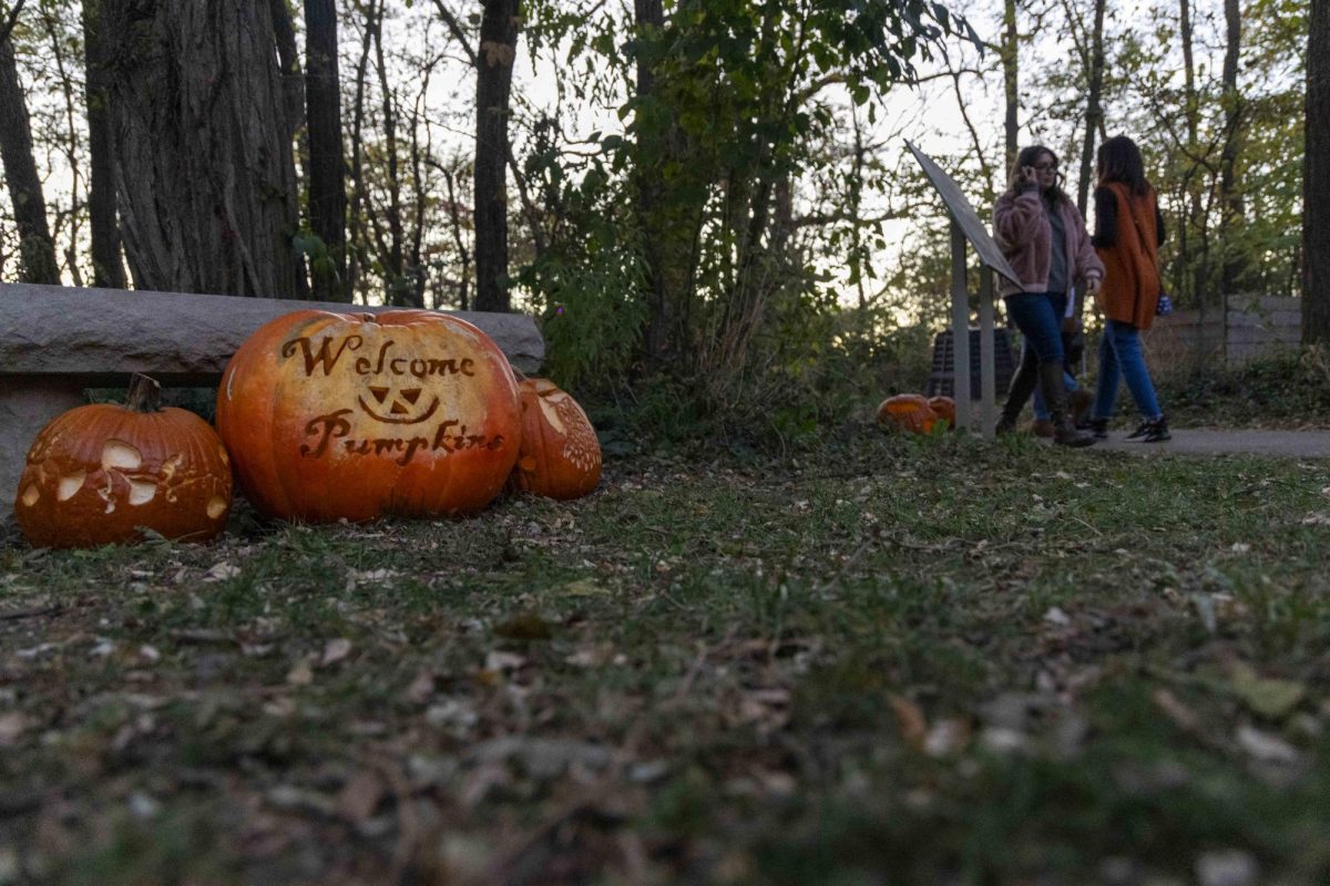 Pumpkins sit outside of the entrance to the trial during the Jack-o-Lantern trail event on Sunday, Oct. 27, 2024, at McConnell Springs Park in Lexington, Kentucky. Photo by Matthew Mueller | Staff